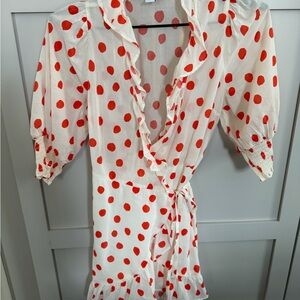 RIXO Cream Wrap Dress with Red Dots